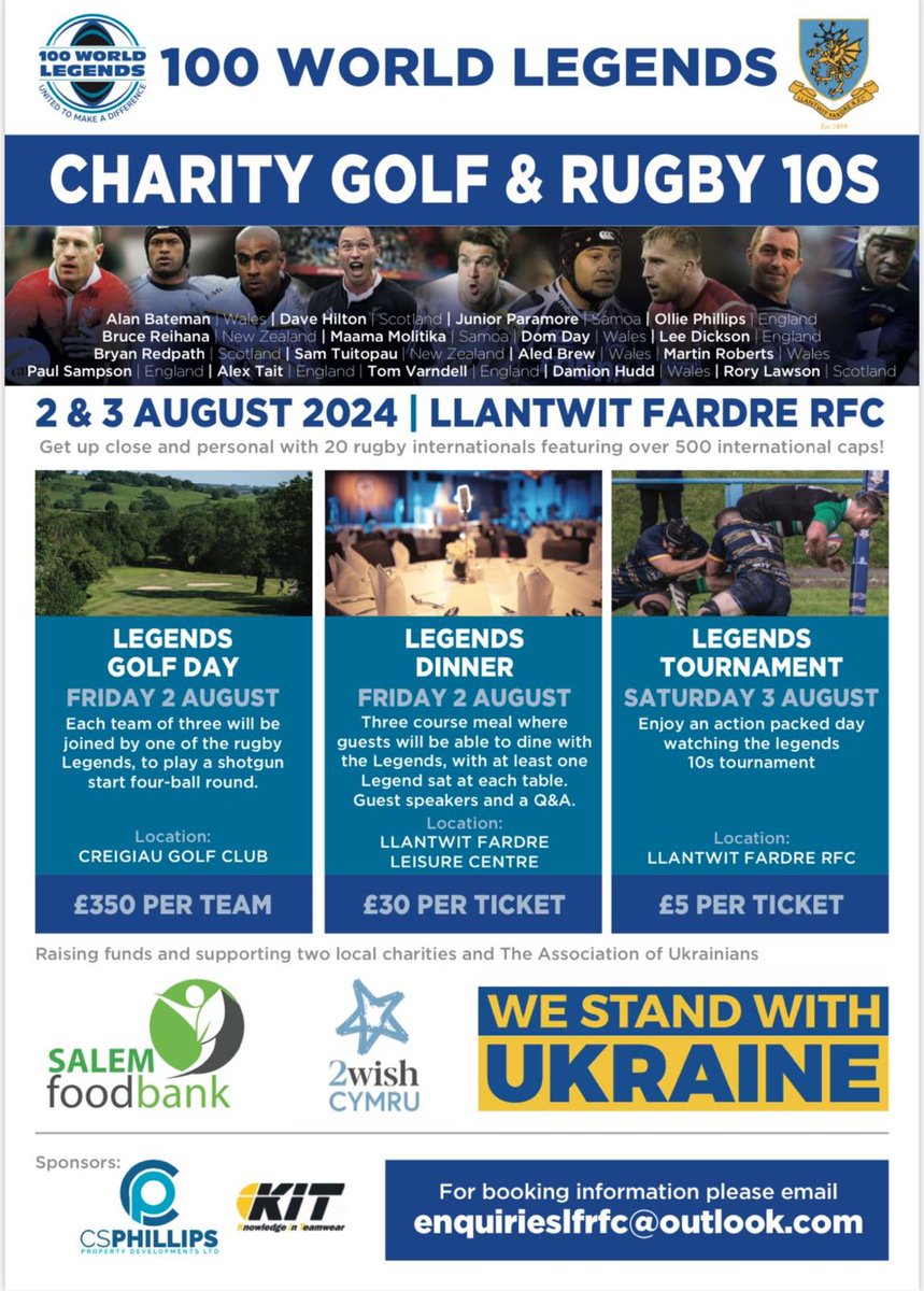 LlantwitRFC's tweet photo. The Legends are coming… 🏉⛳️

2/8/24
Golf Day – For details Message Mark on 07718 520062 .
Celebration Dinner https://t.co/i3kpBfCtZG
3/8/24
Legends vs. Local Vets
Evening social with the Legends https://t.co/U9IkvV3zMm 

Don’t miss this amazing weekend! #LlantwitFardreRFC https://t.co/VYP7maKQ0g