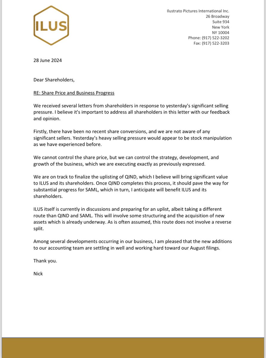 A brief $ILUS update letter from CEO <a href="/NicolasLink/">Nicolas Link (Nick)</a>. $QIND $SAML