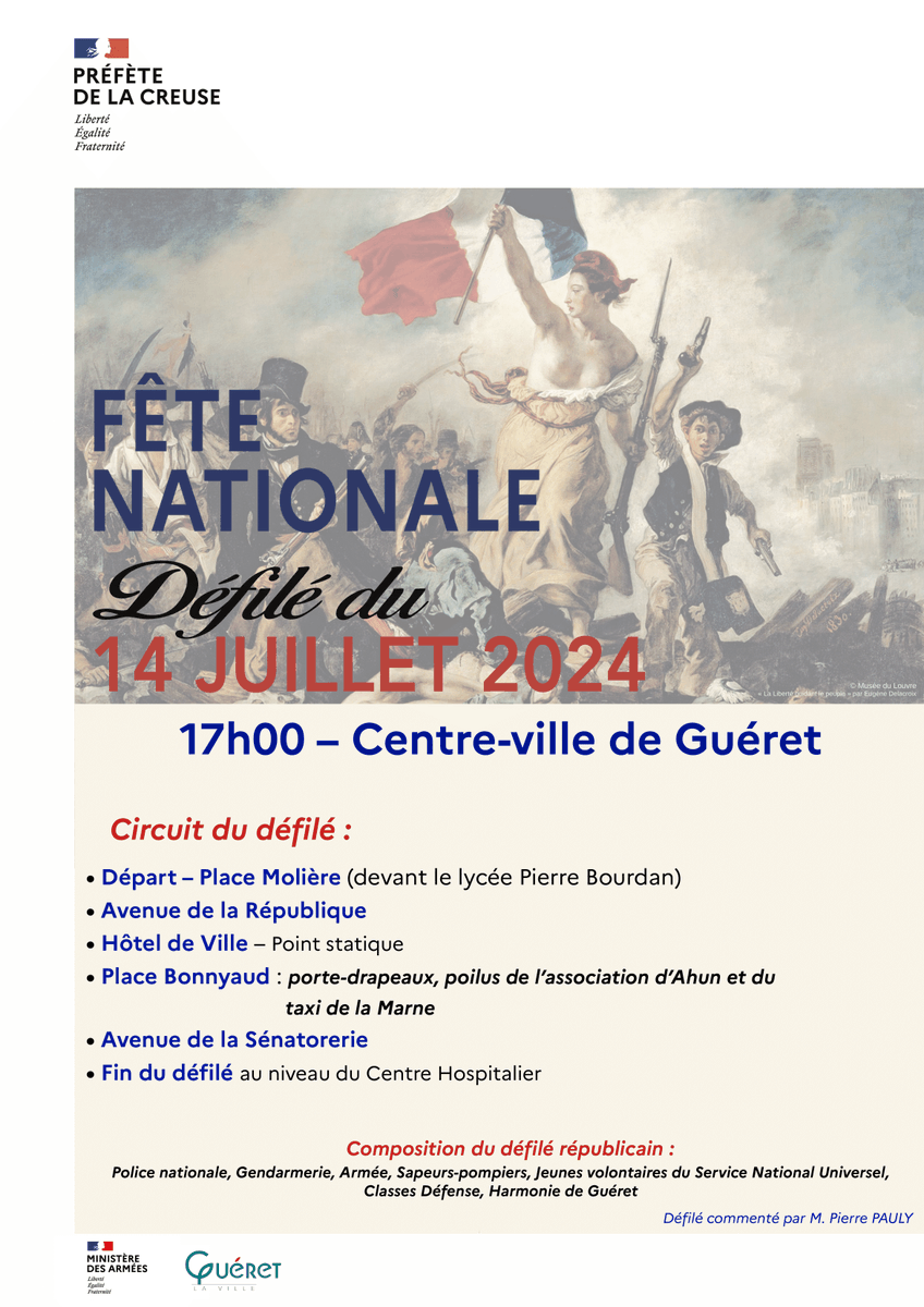 #FêteNationale2024 🇫🇷 Défilé du dimanche 14 juillet 2024

La #Pref23 organise un défilé républicain dans le cadre de la célébration de la Fête Nationale, le dimanche 14 juillet 2024, à 17h00, dans le Centre-ville de Guéret.

Lire le communiqué : bit.ly/3W49Zqj
