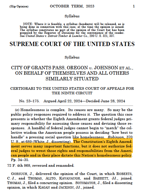 N_Hervieu's tweet photo. Droits des sans-abris : La Cour suprême des Etats-Unis juge qu'interdire aux sans-abris de dormir dans les espaces publics est... conforme à la Constitution américaine.

Car ne viole pas la prohibition des "peines cruelles ou inhabituelles" (8ème amd.)

=> https://t.co/vWJnM2PwxI https://t.co/YMwrZJ7e4m