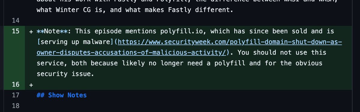 Added a note to our episode with the former maintainer of polyfill io about no longer using this service. 

In general, I've been burned by remote linking assets that I'm only doing it if absolutely required