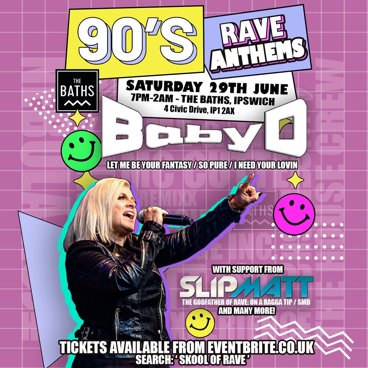 Tomorrow night! Skool Of Rave with Let Me Your Fantasy’s Baby D! Plus a battle of the labels of 90s rave anthems, hardcore, jungle and techno.

Get your tickets here: link.dice.fm/L0f8ec81eb59