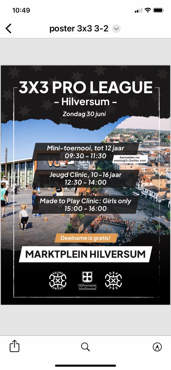🏀 3x3 Basketbal Toernooi op 30 juni! 🏀
Ben jij klaar voor de ultieme uitdaging? Kom naar Marktplein in Hilversum
📅 Datum: Zondag 30 juni
📍 Locatie: Marktplein, Hilversum
Meer informatie? Check de poster!
#3x3Basketball #Hilversum #BasketbalToernooi #JongerenSport #Hilverevent