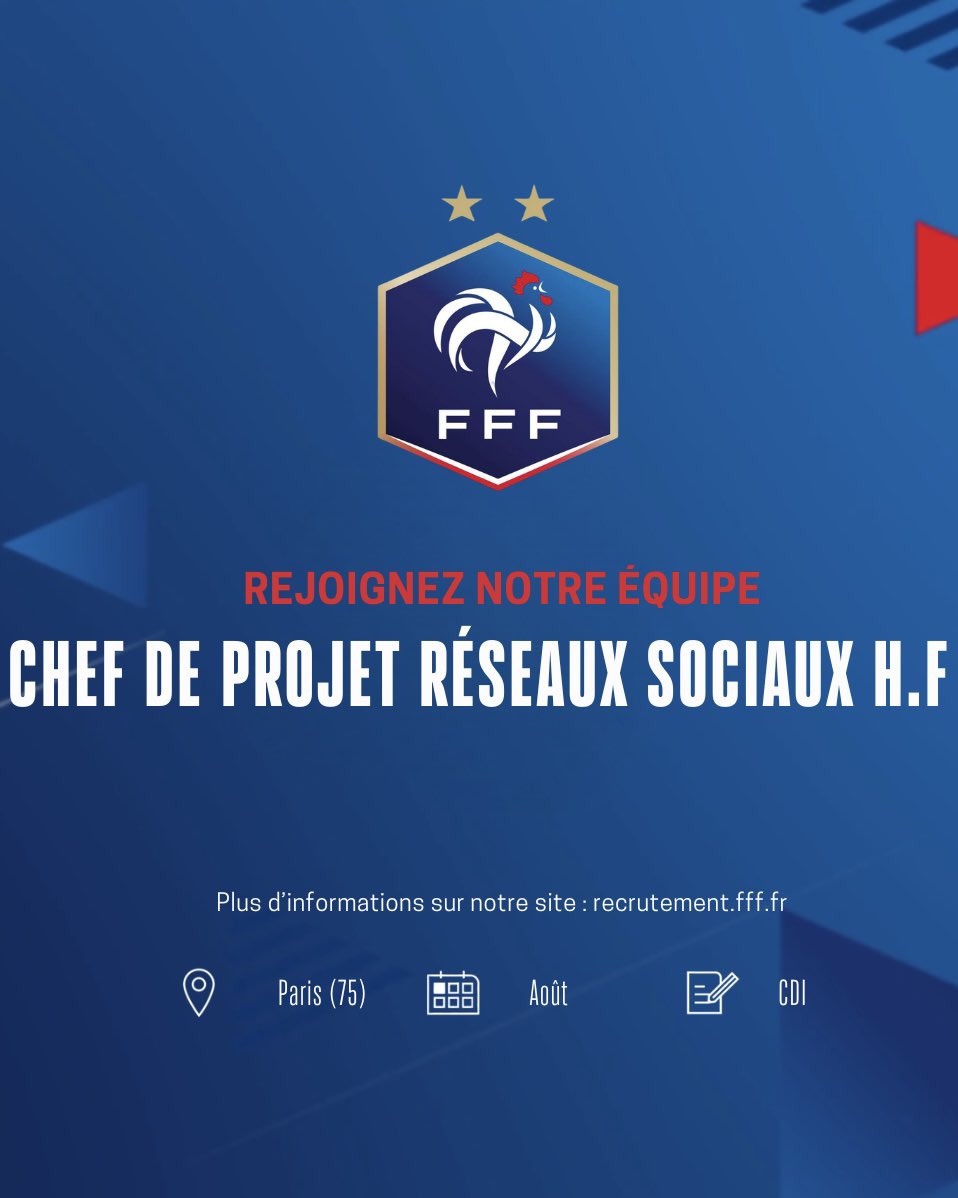 🚨 On 𝙧𝙚𝙘𝙧𝙪𝙩𝙚 𝙚𝙣 𝘾𝘿𝙄 au service Social Média de la FFF ! ✍️ 

On recherche un·e 𝘾𝙝𝙚𝙛·𝙛𝙚 𝙙𝙚 𝙋𝙧𝙤𝙟𝙚𝙩 𝙍𝙚́𝙨𝙚𝙖𝙪𝙭 𝙎𝙤𝙘𝙞𝙖𝙪𝙭 qui sera en charge des comptes et des sujets en lien avec le football féminin. 

Postulez ici👉 linkedin.com/jobs/view/3961…