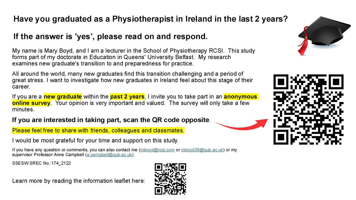 Mary Boyd (@boydm101) on Twitter photo 📢Calling all physiotherapists <a href="/RCSI_Physio/">RCSI School of Physiotherapy</a> <a href="/UCDPhysio/">UCD Physiotherapy</a> <a href="/PtTcd/">Physiotherapy TCD</a> <a href="/AlliedHealthUL/">School of Allied Health</a> who have qualified in the last 2yrs, please consider taking part in my EdD study into new grads transition to practice
Details in poster 👇
RT appreciated
#physiotherapy #newgrads 📢Calling all physiotherapists <a href="/RCSI_Physio/">RCSI School of Physiotherapy</a> <a href="/UCDPhysio/">UCD Physiotherapy</a> <a href="/PtTcd/">Physiotherapy TCD</a> <a href="/AlliedHealthUL/">School of Allied Health</a> who have qualified in the last 2yrs, please consider taking part in my EdD study into new grads transition to practice
Details in poster 👇
RT appreciated
#physiotherapy #newgrads