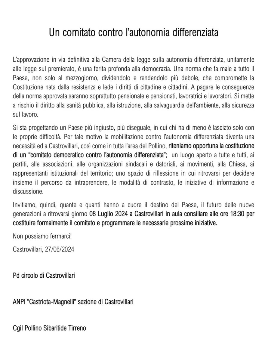 PdCastrovillari's tweet image. Vi invitiamo il 8 luglio 2024 a Castrovillari in aula consiliare alle ore 18:30 per costituire formalmente il comitato e programmare le necessarie prossime iniziative.

#partitodemocratico #pdnetwork #pdcastrovillari #autonomiadifferenziata

@cgilpollino @castrovill1
