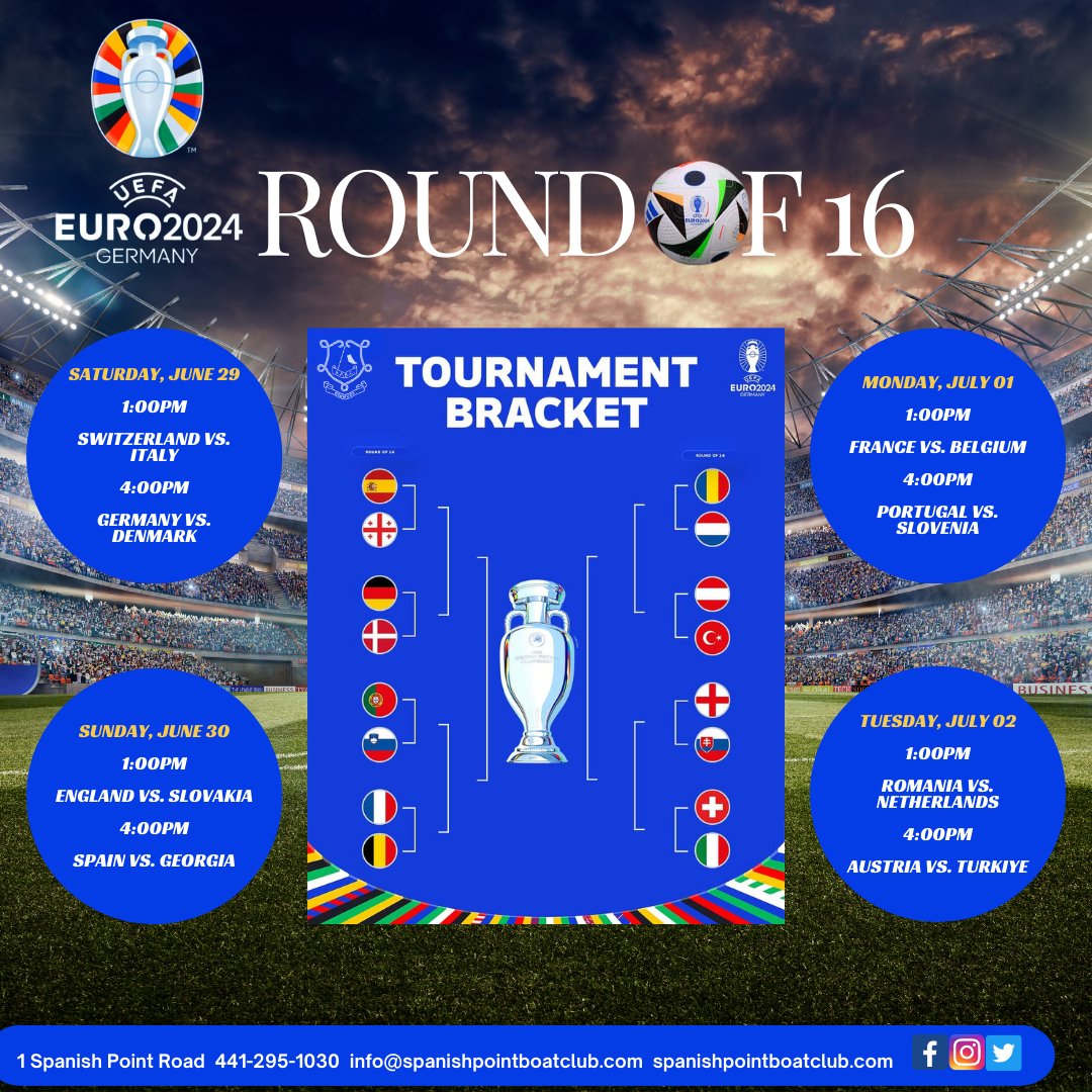 SPBCbda's tweet image. Round of 16 is here, and there’s no better place to catch all the action than at #SPBC. Members &amp;amp; their guests can enjoy the games in a relaxed atmosphere on our multiple TVs and the best drink prices around!
#EURo2024    #Football #RoundOf16 #UEFA #ItsBetterAtTheBoatClub ⚽️