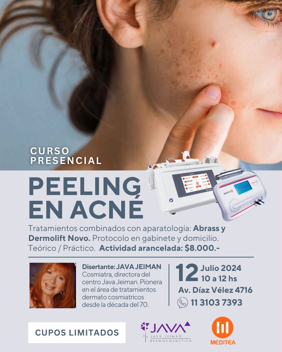Nuevo CURSO PRESENCIAL junto a @javajeiman PEELING EN ACNÉ

Tratamientos combinados con aparatología: #Abrass y #DermoliftNovo

Actividad arancelada: $8.000.-
Viernes 12 de Julio - 10 a 12 Hs.
Av. Díaz Vélez 4716

Contactar para hacer efectiva la reserva bit.ly/4cAGzX6