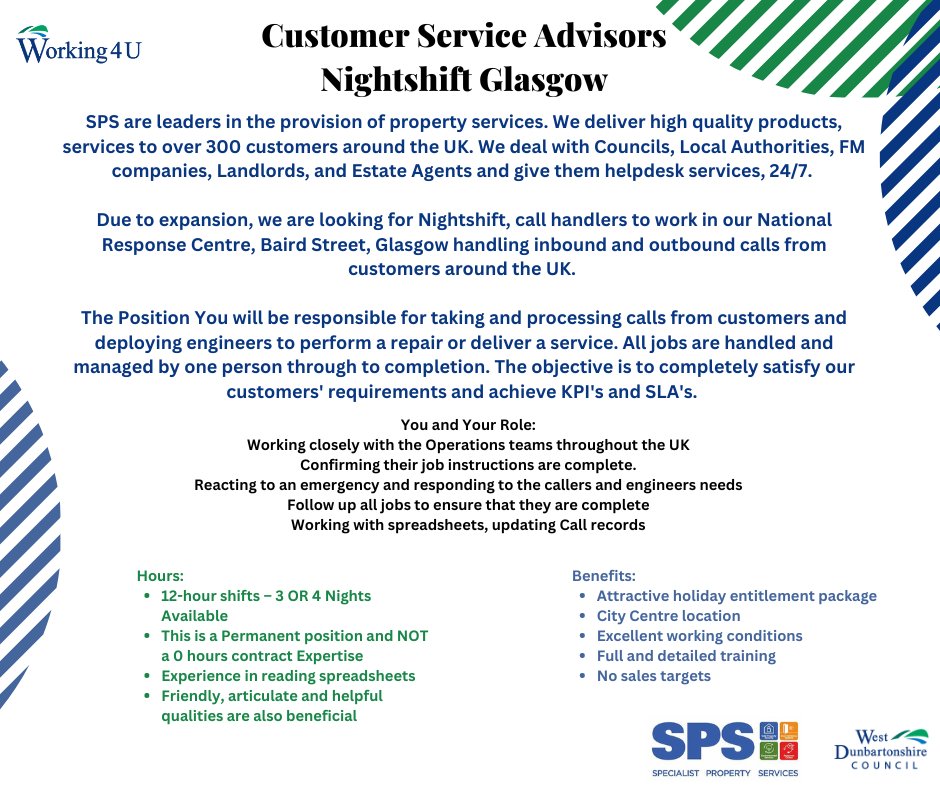 Working4U@WDC (@working4u_wdc) on Twitter photo Check out these job vacancies!
- SPS Property Services
- First Glass Cleaning Ltd
If you are interested in any of the positions please send a CV and Cover Letter to w4urecruitment@west-dunbarton.gov.uk Check out these job vacancies!
- SPS Property Services
- First Glass Cleaning Ltd
If you are interested in any of the positions please send a CV and Cover Letter to w4urecruitment@west-dunbarton.gov.uk