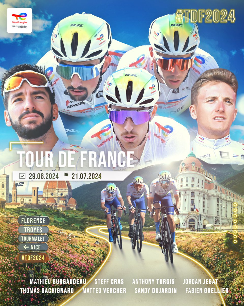 🚴‍♂️C’est le grand jour pour le <a href="/TeamTotalEnrg/">Team TotalEnergies</a> et ses coureurs engagés sur le <a href="/LeTour/">Tour de France™</a> 2024 !

Le <a href="/DepVendee/">Département Vendée</a> souhaite le meilleur aux huit cyclistes de l'équipe locale. Bonne chance à eux ⚪️🔴

Le départ sera donné ce samedi à 12h de Florence.

 Suivez le grand départ sur <a href="/FranceTV/">France tv</a>
