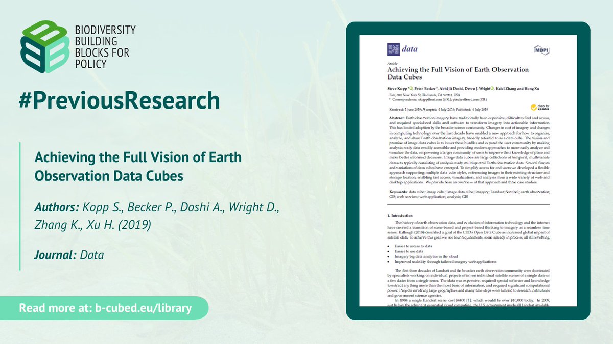 BCubedProject's tweet image. 🔎Our #PreviousResearch paper this week focuses on how advancements in cost &amp;amp; computing technology have led to the development of image #DataCubes,  simplifying access, visualisation &amp;amp; analysis of Earth observation imagery 🌿

Read more: doi.org/10.3390/data40…