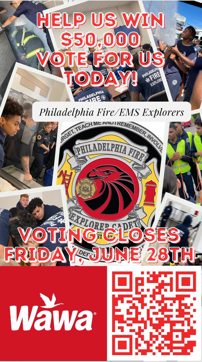 Fire1873's tweet photo. Please VOTE TODAY! Today is the last day to vote for our program to win Wawa’s HERO Award which benefit your next generation of first responders. Scan the QR code or click on the link below ⬇️

https://t.co/EveGkUmnBe https://t.co/gTuQgRv2qn