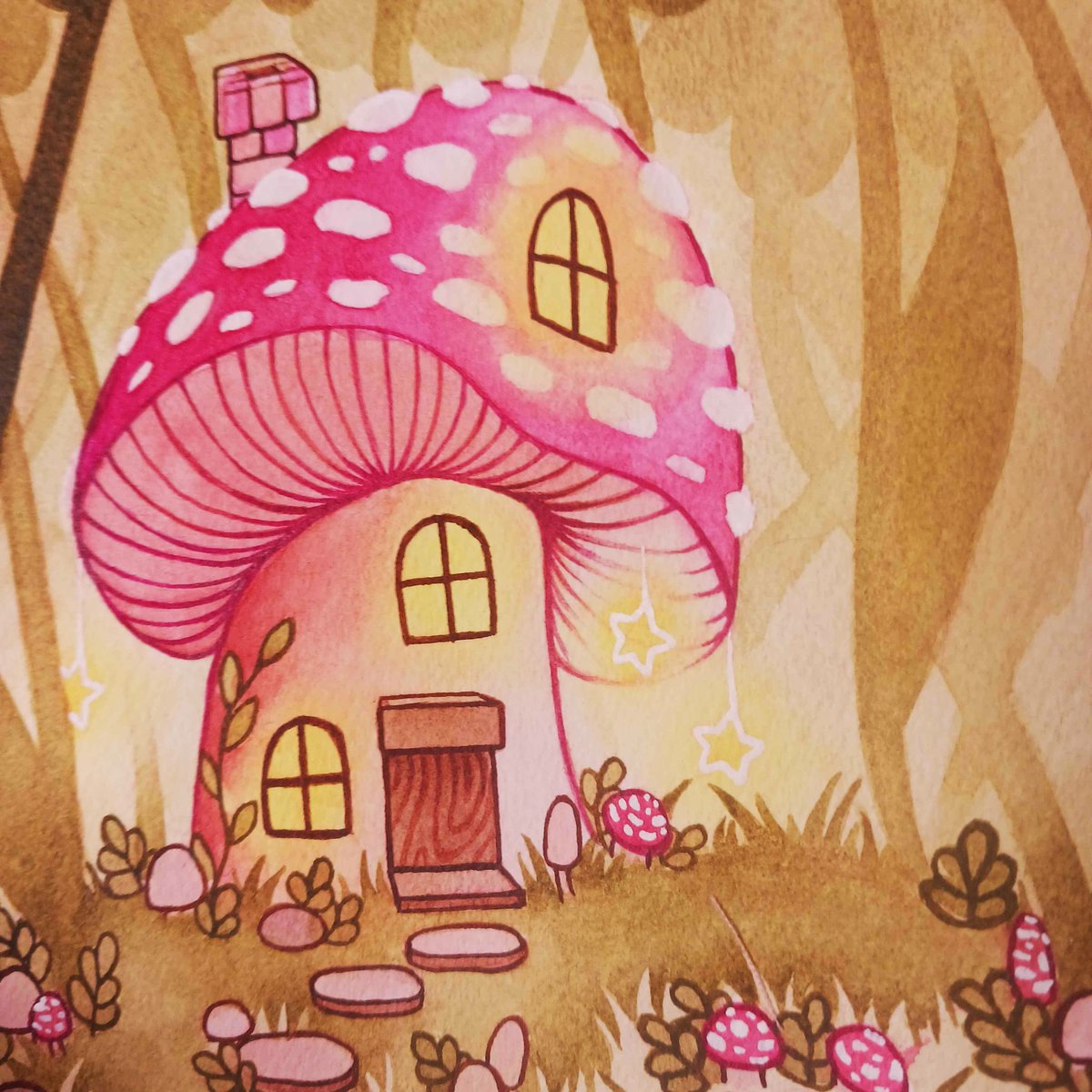 lunatopazart's tweet photo. I forgot to post pictures of my finished mushroom house painting 🍄✨ (I've only been posting pics of prints). I used watercolor on Arches cold press watercolor paper~

Prints available in my sh❀p~ link is in my bio.

#art #artist #artistonx #watercolor #watercolorpainting https://t.co/ZfmErbu0pt