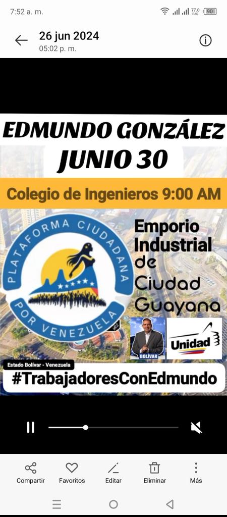 #26Jun | Plataforma Ciudadana por Venezuela informa que el dia domingo 30 de Junio, Edmundo González estará en Guayana, en un Encuentro de Trabajadores, a las 9:00 am en el Colegio de Ingenieros Puerto Ordaz
#EdmundoPresidente

<a href="/MariaCorinaYA/">María Corina Machado</a>
<a href="/EdmundoGU/">Edmundo González</a>