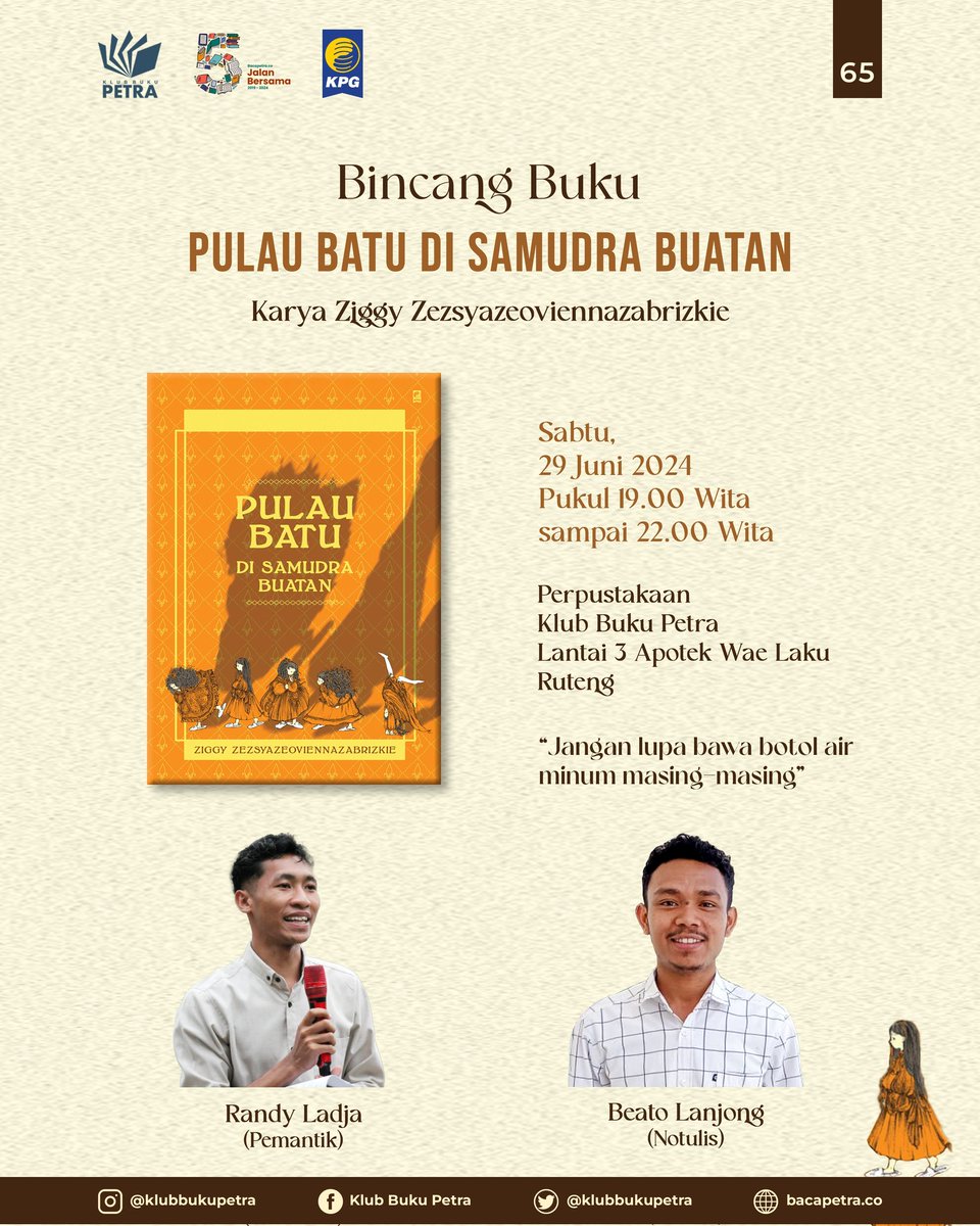 Bincang Buku Petra ke-65 akan berlangsung besok. Setelah 2 novel Ziggy pernah dibincangkan: Semua Ikan di Langit dan Kita Pergi Hari Ini, bagaimana hasil pembacaan teman2 atas novel ketiga ini?
Bincang buku ini terselenggara berkat dukungan <a href="/penerbitkpg/">Penerbit KPG</a> <a href="/bukugpu/">Gramedia Pustaka Utama 📕</a>