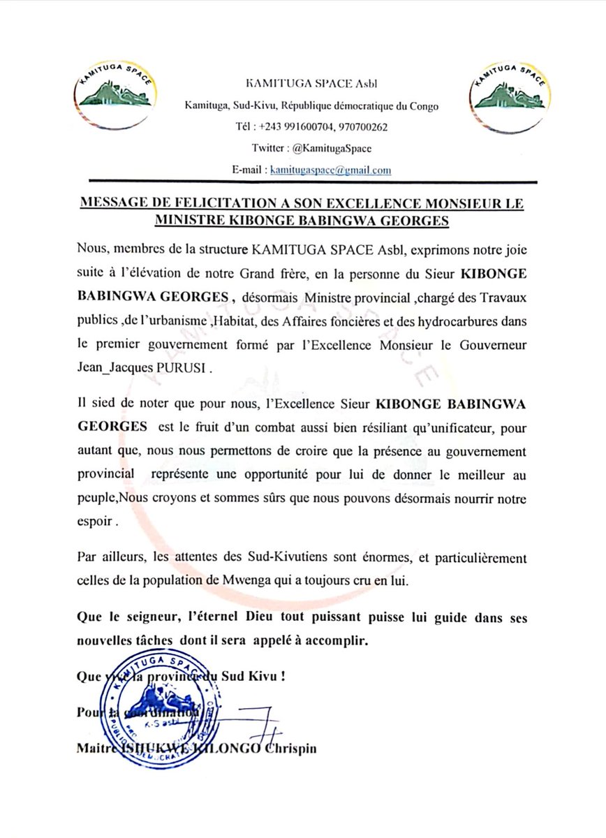 KamitugaSpace's tweet photo. Nous adressons nos sincères félicitations à notre grand frère #Georges #Kibonge, nommé Ministre provincial des Itpr ,Hydrocarbures , affaires foncières et Urbanisme.
Que l'Éternel tout puissant puisse lui guider dans ses nouvelles attributions .
@IshukweKilong
@JeffMwenyemali https://t.co/EMKukIrtEK