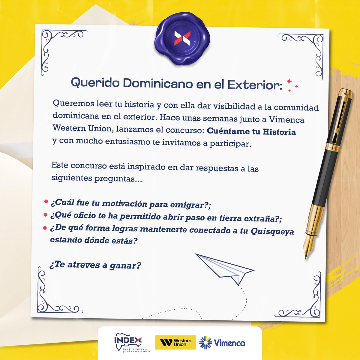 Indexdomrd's tweet photo. #DominicanoEnElExterior 🇩🇴🌎¡Estamos ansiosos de LEER tu historia! 📖Participa ya en nuestro concurso de escritura «Cuéntame tu historia» junto a Vimenca & Western Union (@WUVimenca).
¡Encuentra las bases oficiales del concurso ingresando a https://t.co/8u7OAFuCnW!
#INDEXDOMRD https://t.co/HIrzopsPUY