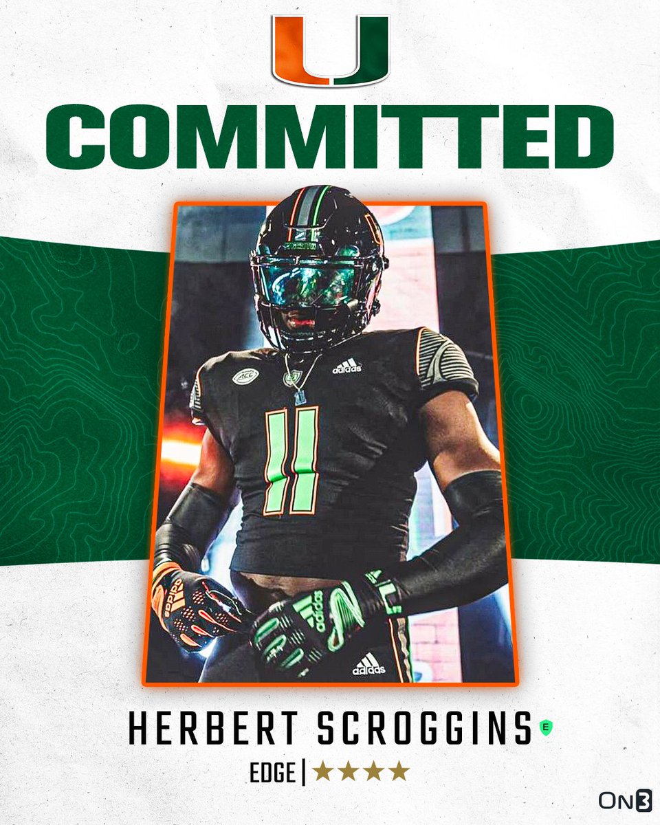 On3 Recruits (@on3recruits) on Twitter photo 🚨BREAKING🚨 4-star EDGE Herbert Scroggins has committed to Miami🙌
More from <a href="/SWiltfong_/">Steve Wiltfong</a>: on3.com/college/miami-… 🚨BREAKING🚨 4-star EDGE Herbert Scroggins has committed to Miami🙌
More from <a href="/SWiltfong_/">Steve Wiltfong</a>: on3.com/college/miami-…