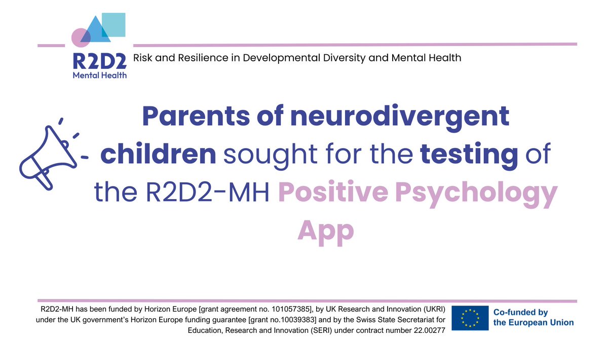 R2D2-MH project (@r2d2mh) on Twitter photo 📢 Researchers from <a href="/UTwente/">University of Twente (inactive)</a> and <a href="/LEARNENJOY/">LearnEnjoy</a> have developed the first version of the <a href="/R2d2Mh/">R2D2-MH project</a> #PositivePsychology App and are looking for parents of #Neurodivergent children to test the beta version.
Interested in knowing more? 👉adappt(at)utwente.nl 📢 Researchers from <a href="/UTwente/">University of Twente (inactive)</a> and <a href="/LEARNENJOY/">LearnEnjoy</a> have developed the first version of the <a href="/R2d2Mh/">R2D2-MH project</a> #PositivePsychology App and are looking for parents of #Neurodivergent children to test the beta version.
Interested in knowing more? 👉adappt(at)utwente.nl