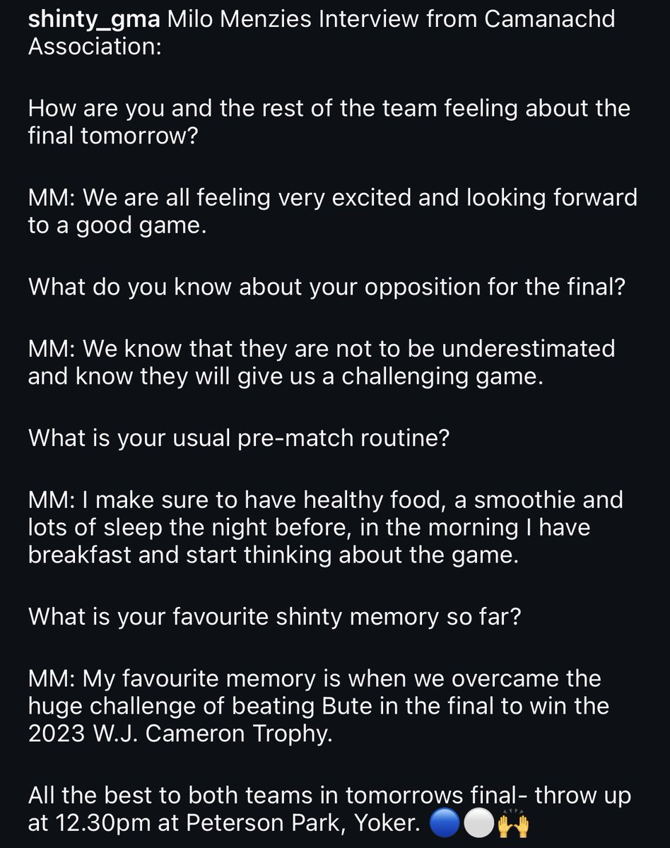 Milo’s interview ahead of tomorrows MacQuisten Cup Final 🔵⚪️🙌