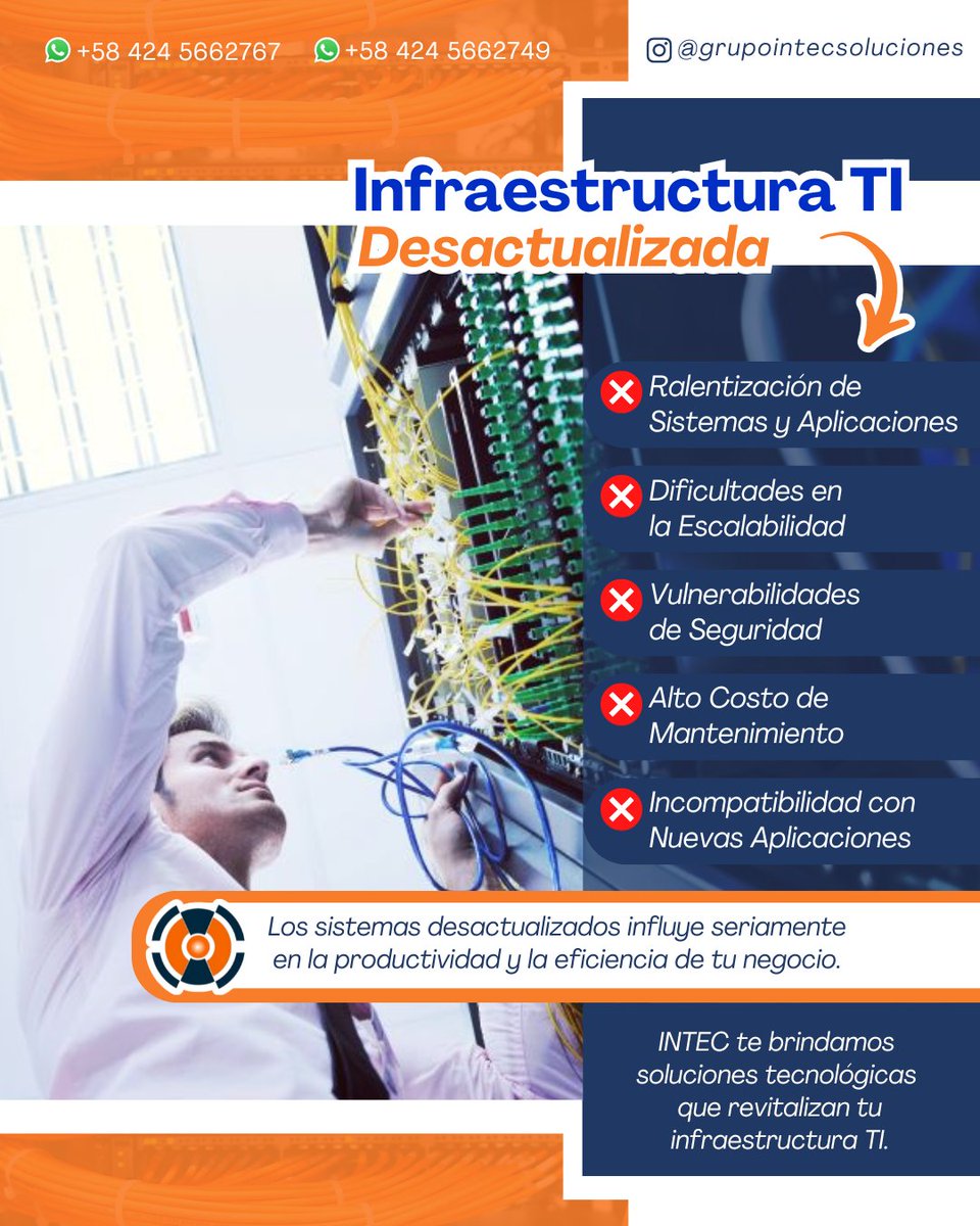 La #infraestructuraTI de una empresa es fundamental para la eficiencia operativa y la productividad del negocio, pero cuando está desactualizada genera diversos problemas. En #INTEC te brindamos soluciones tecnológicas que impulsan el crecimiento y la innovación de tu negocio.