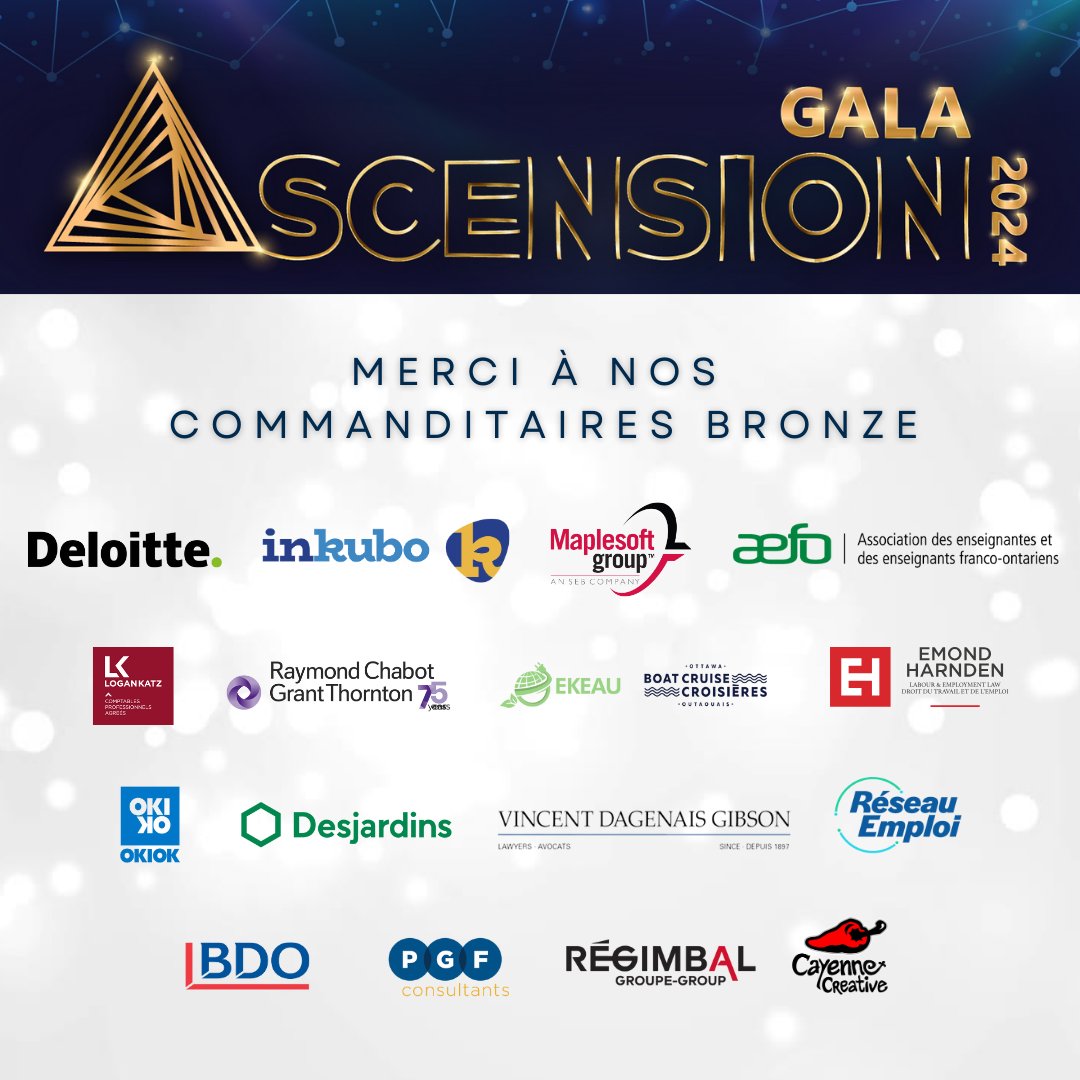 🙏 Un grand merci à nos formidables partenaires bronze qui ont contribué au succès de notre Gala Ascension! 🌟 Votre soutien est inestimable et nous aide à célébrer l'excellence de notre communauté d'affaires francophone. Ensemble, nous soutenons la croissance de nos entreprises!
