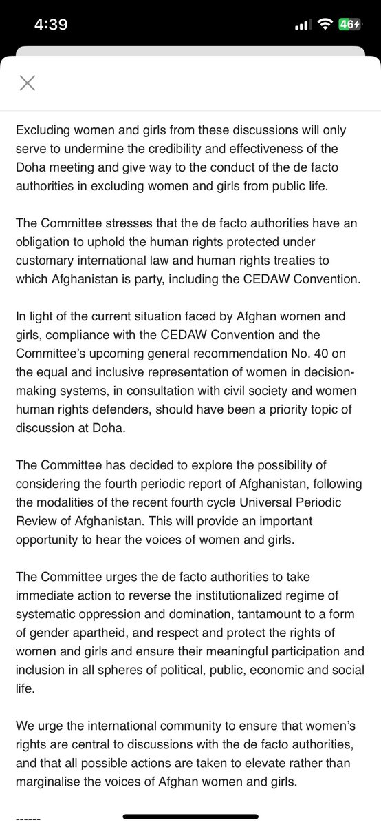 Heather Barr (@heatherbarr1) on Twitter photo Important statement on Doha 3 from UN CEDAW Committee: “Excluding women/girls from these discussions will only serve to undermine the credibility & effectiveness of the Doha meeting & give way to the conduct of the de facto authorities in excluding women/girls from public life.” Important statement on Doha 3 from UN CEDAW Committee: “Excluding women/girls from these discussions will only serve to undermine the credibility & effectiveness of the Doha meeting & give way to the conduct of the de facto authorities in excluding women/girls from public life.”