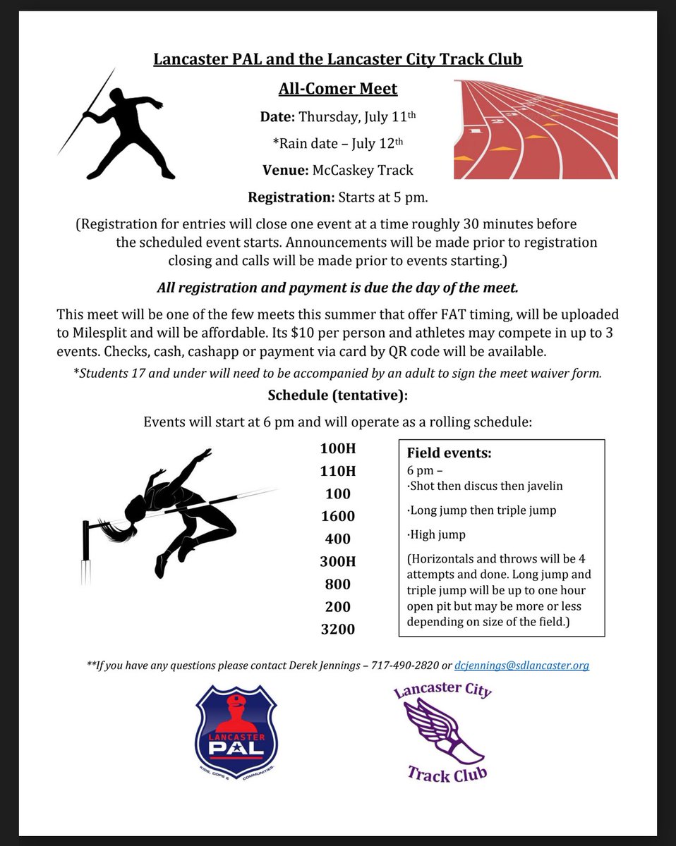 Additional Summer Track and Field meet on Thursday, July 11. All registration and payment will be done the day of the meet in person. FAT timing!