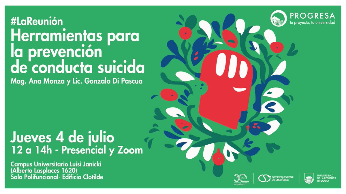 Herramientas para la prevención de conducta suicida

🗓️4 de julio
🕑12:00h a 14:00h
🧑‍💻🙎Híbrido

📍Campus Universitario Luisi Janicki (Alberto Lasplace 1620) - Sala Polifuncional, Edificio Clotilde

Formulario de inscripción: docs.google.com/forms/d/1so6fs…

<a href="/progresaudelar/">𝗣𝗥𝗢𝗚𝗥𝗘𝗦𝗔</a> <a href="/Udelaruy/">Universidad de la República</a>