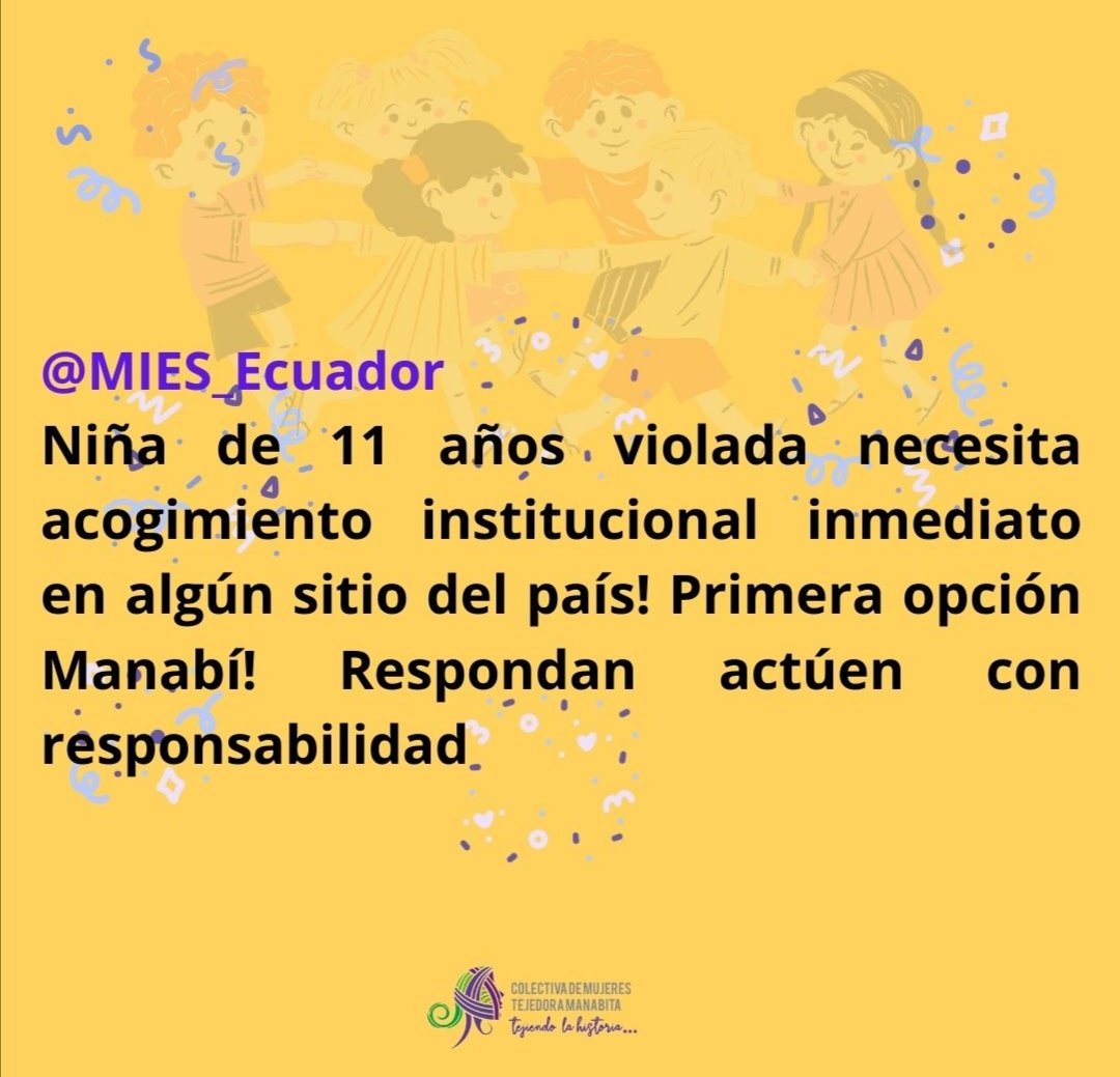 TManabitas's tweet photo. #AcogimientoInstitucional
#AcogimientoNiñaViolada @MIES_Ecuador niña de 11 años violada necesita acogimiento institucional inmediato en algun sitio del país! Primera opción en MANABÍ! @zaidarovira @DDHH_Ec @ATancaM @mjoseportoviejo @FiscaliaEcuador https://t.co/sv5NDRLxsO