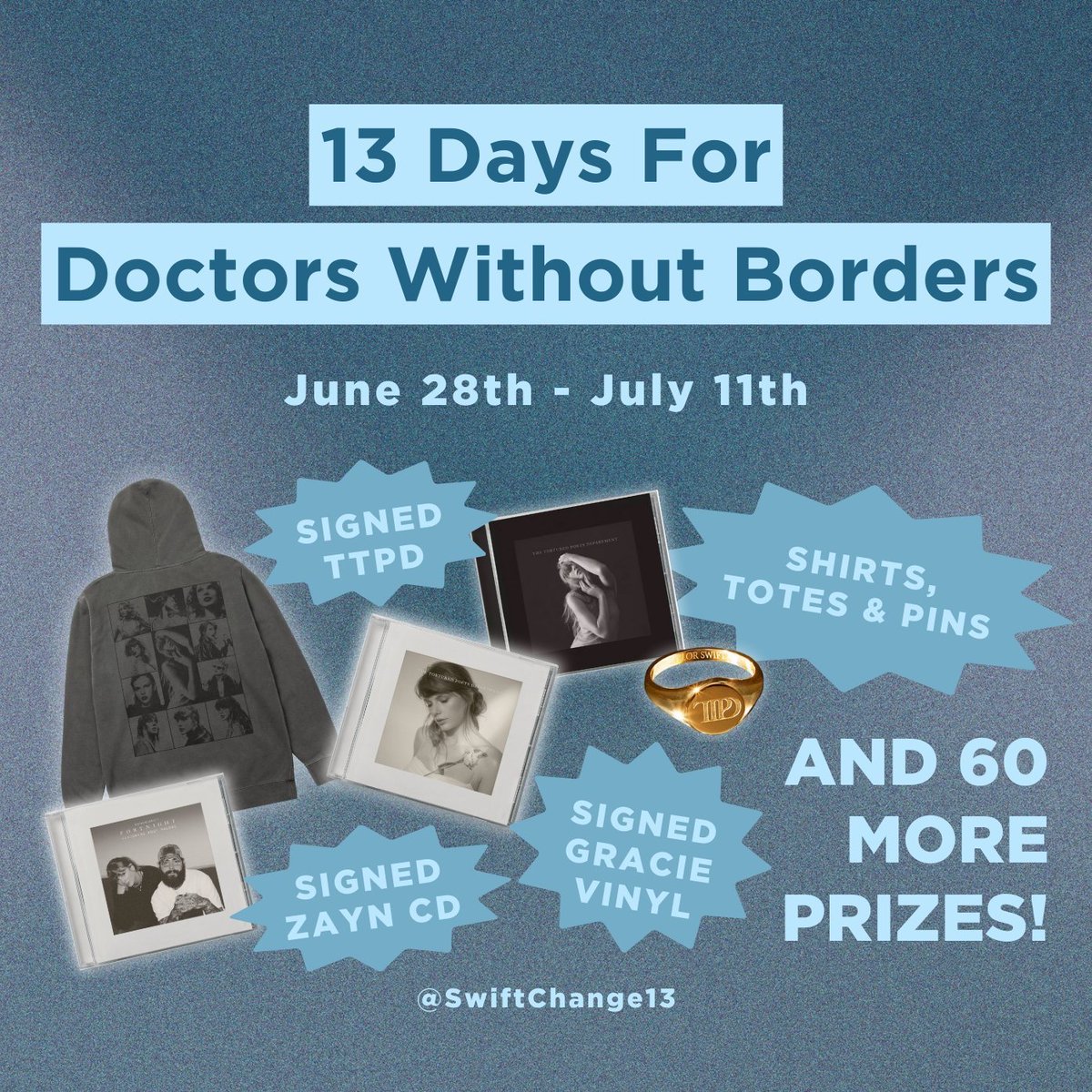 Swifties4Gaza13's tweet image. For our next campaign, enter our  #13DaysforDWB fundraiser to help us raise $13K in 13 days for @MSF_USA! Tickets are only $2 and you could win anything from a t-shirt to a SIGNED TTPD CD. Get your entries in quickly, the clock is ticking! 🕰️
#13DaysforPalestine 🇵🇸