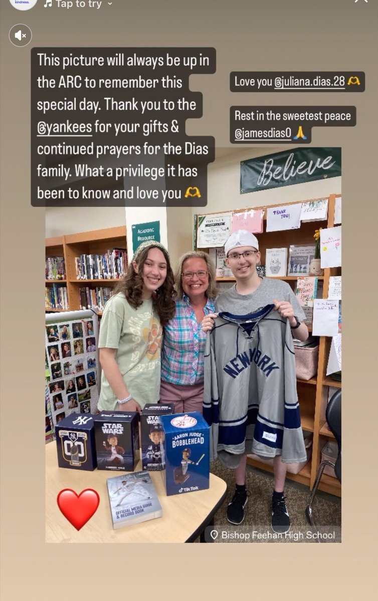 dawnesposmith's tweet photo. @YankeesPR @LosYankeesPR @BishopFeehanHS 
Kaitlyn Brennan, thank you for your kindness, thoughtfulness and generosity. Your gifts were so appreciated by all of us, but especially by James &amp; Juliana. A special thank you to @AaronBoone @ARizzo44 and @GerritCole45 for their videos https://t.co/douW0n3I3F