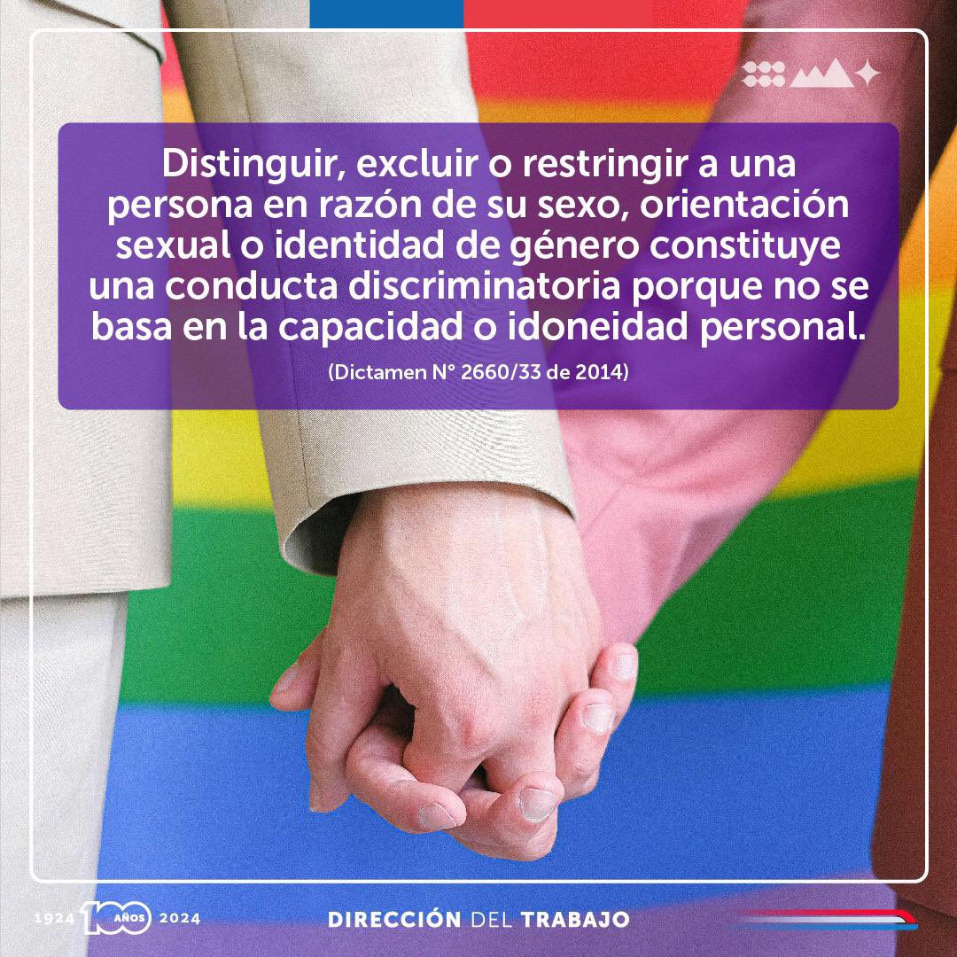 🏳️‍🌈En el Día de Orgullo LGTBIQ+ recordamos que el Código del Trabajo de Chile prohíbe cualquier acto de discriminación laboral, incluyendo aquellos basados en la orientación sexual y el género.