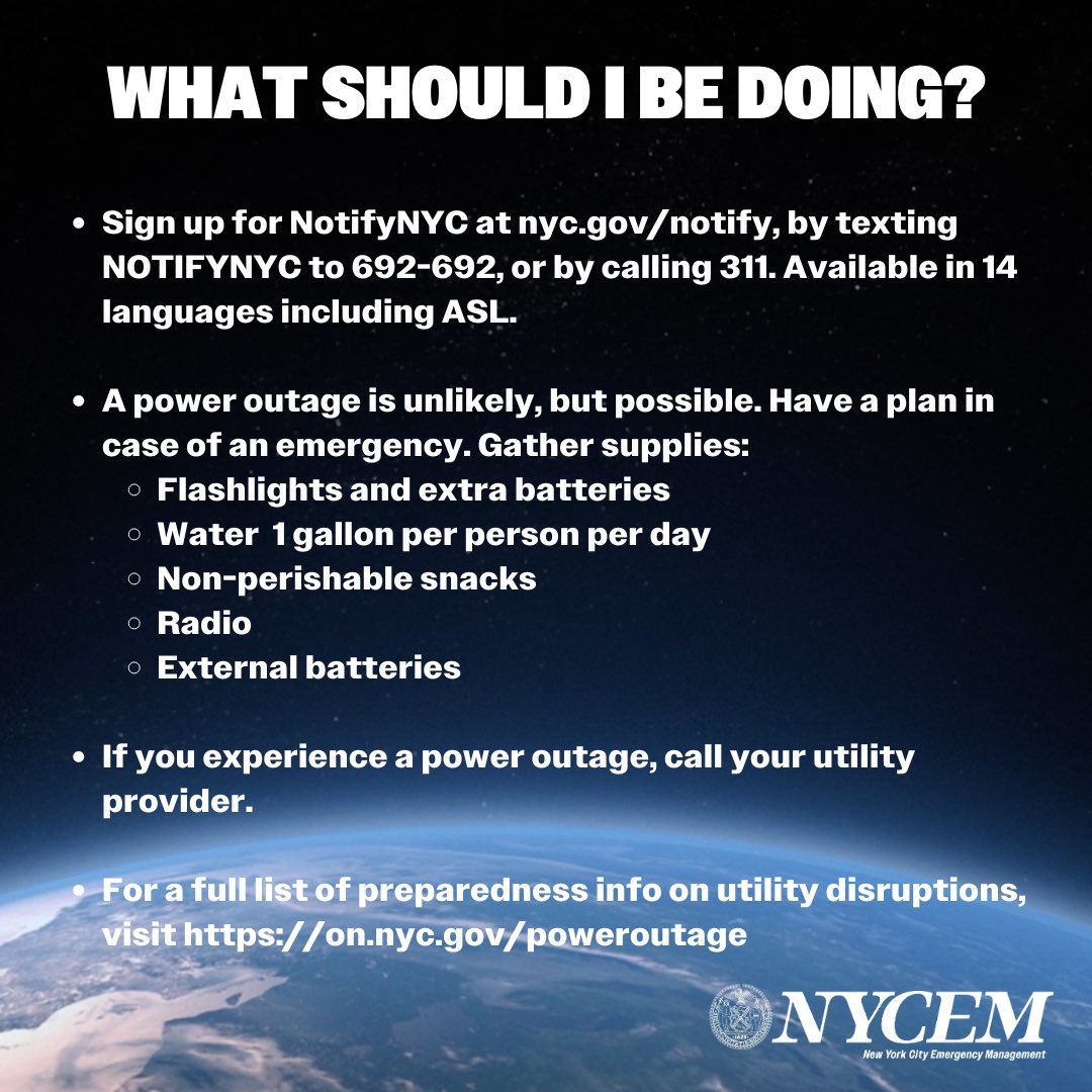 nycemergencymgt's tweet photo. A Severe Geomagnetic Storm Alert from @NWSSWPC is in effect. 

There are no direct impacts expected for NYC but we remain alert. 

Subscribe to @NotifyNYC for key updates on any emergencies affecting New York City. https://t.co/3VSHrLkfQT