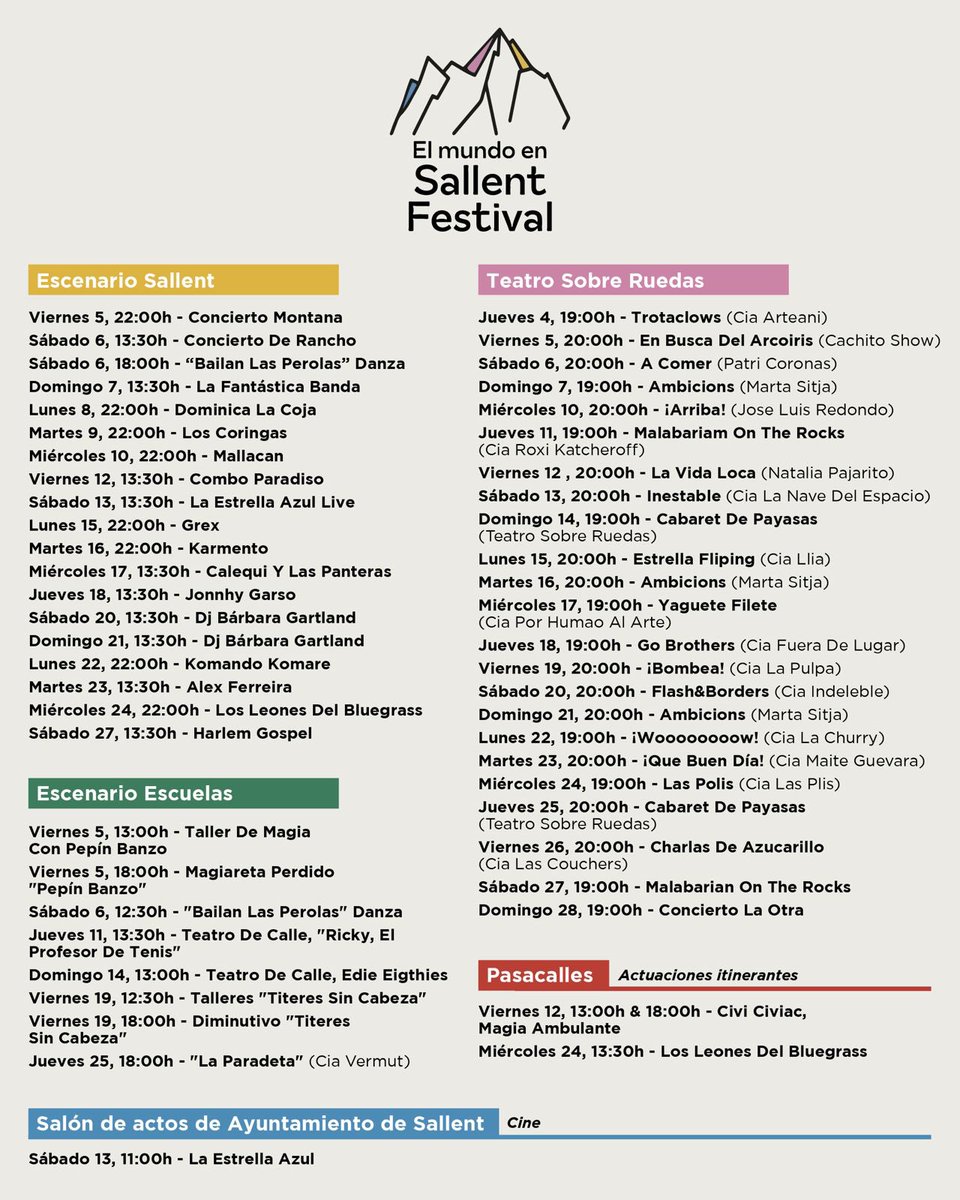 ¡Aquí toda la programación de El Mundo en Sallent Festival 2024! 
Comienza un mes de julio repleto de música, teatro, circo, gastronomía, moda y artesanía. 🤸🤹👧 

¡Os esperamos del 4 al 28 de julio en Sallent de Gállego! 🎉

Más info en 👉 mundosallentfestival.com