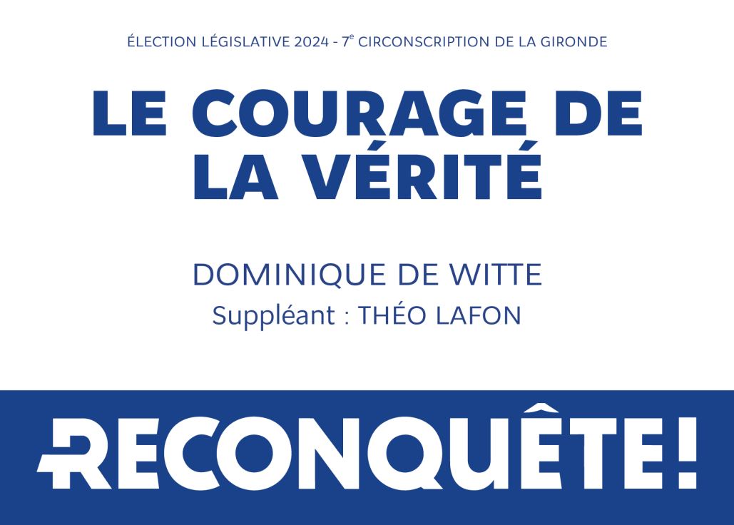 dom2witte's tweet photo. Dimanche 30 juin sur la 7e circonscription de la Gironde à Gradignan, Pessac, Cestas et Canéjan, il n'y a qu'un seul vote qui compte pour la vraie droite.
#VotezdeWitte dès le premier tour avec @Reconquete_off ! 🇫🇷
A minuit je ne pourrai plus communiquer, alors je compte sur vos nombreux partages pour me soutenir jusqu’à dimanche.
Merci à tous pour votre soutien et vive la France ! 💪
Dominique de Witte.
#legislatives2024