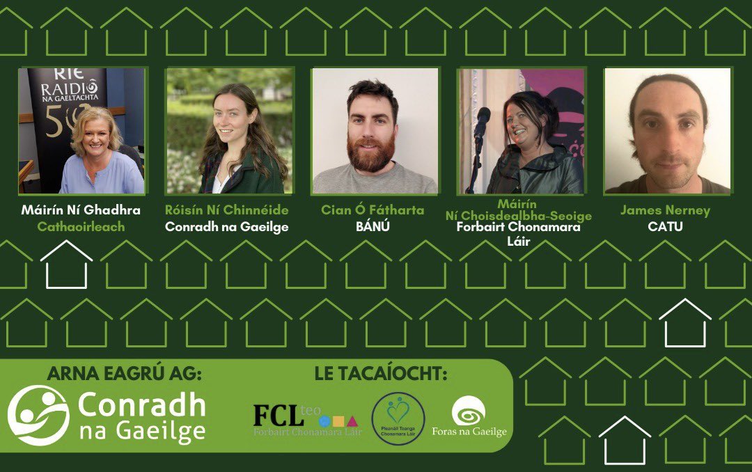 Conradh na Gaeilge ⭕️ (@cnag) on Twitter photo Ar an phainéal anocht:
➡️ Róisín Ní Chinnéide <a href="/CnaG/">Conradh na Gaeilge ⭕️</a>
➡️ Cian Ó Fátharta, BÁNÚ
➡️ Máirín Ní Choisdealbha-Seoige, <a href="/ConamaraLair/">Conamara Láir</a>
➡️ James Nerney, <a href="/CatuIreland/">CATU Ireland</a>
Tá <a href="/mairinnighadhra/">mairin ni ghadhra</a> linn mar chathaoirleach ar an phlé. Ar an phainéal anocht:
➡️ Róisín Ní Chinnéide <a href="/CnaG/">Conradh na Gaeilge ⭕️</a>
➡️ Cian Ó Fátharta, BÁNÚ
➡️ Máirín Ní Choisdealbha-Seoige, <a href="/ConamaraLair/">Conamara Láir</a>
➡️ James Nerney, <a href="/CatuIreland/">CATU Ireland</a>
Tá <a href="/mairinnighadhra/">mairin ni ghadhra</a> linn mar chathaoirleach ar an phlé.