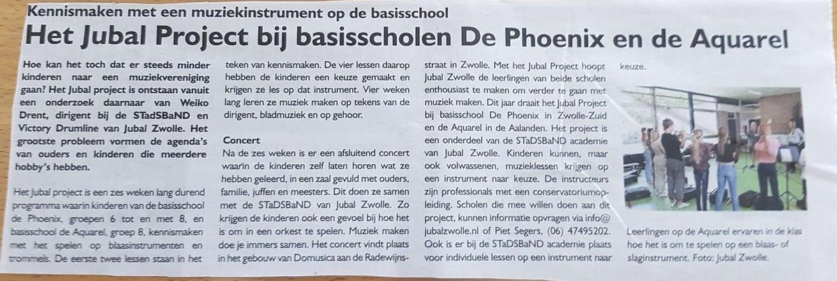 Achter de schermen zijn wij ook druk bezig met leuke extra’s. Een door Weiko Drent opgezet project loopt vanaf begin dit jaar al zeer goed. Kinderen maken kennis met blaas- en slagwerk instrumenten. Inmiddels al vijf groepen gehad 💙

#jubalzwolle #stadsbandzwolle #muziekverbindt