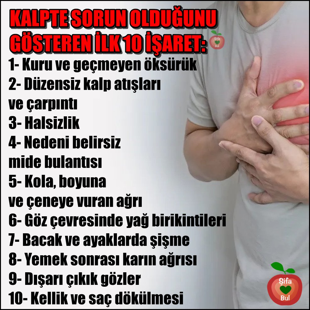 SifaBul's tweet photo. KALPTE SORUN OLDUĞUNU GÖSTEREN İLK 10 İŞARET: 
#kalp #kalphastalığı #kalphastalığıbelirtileri #kalpdamarhastalıkları #damartıkanıklığı #sağlık #şifabul #şifabulun #faydalıbilgiler https://t.co/HauE1OoMKE
