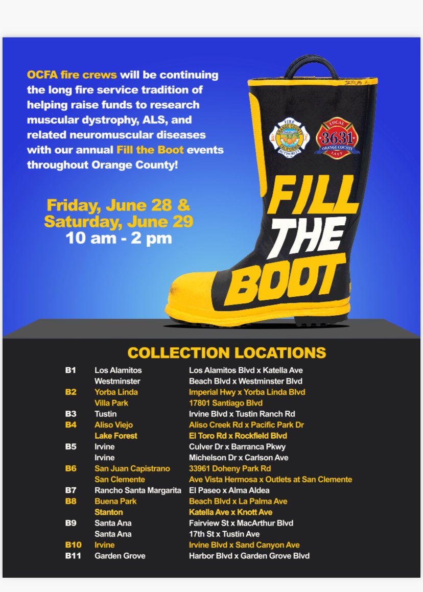 OCFireAuthority's tweet image. OCFA fire crews are continuing the long fire service tradition of helping raise funds to research muscular dystrophy, ALS, and related neuromuscular diseases with our annual Fill the Boot events throughout Orange County!

Friday, June 28 &amp;amp; Saturday, June 29
10 am - 2 pm