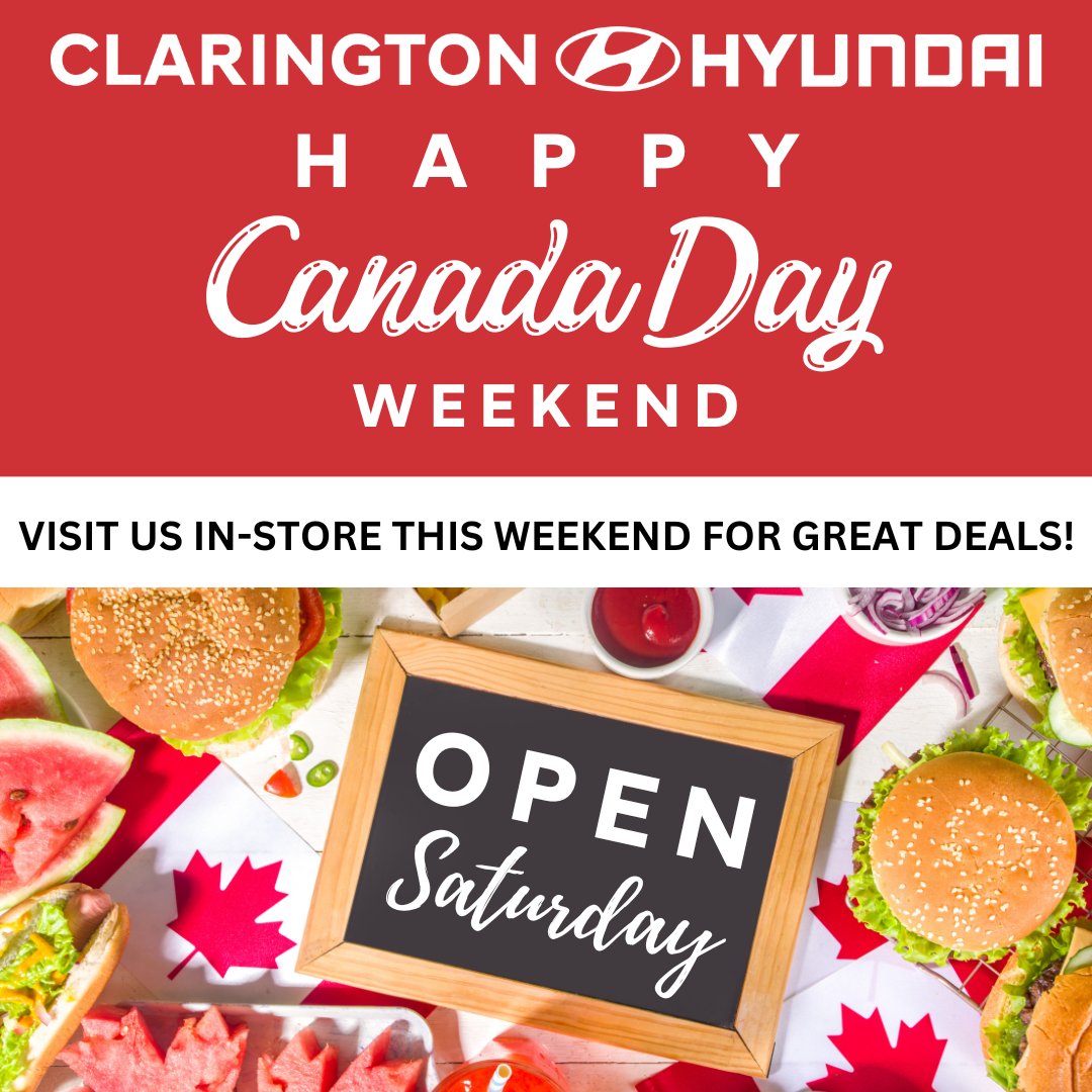 ClaringtonHyund's tweet photo. We're going into the long weekend with great deals!  Other dealerships may be closed, but we're OPEN, all day on Saturday!  If you're looking for a vehicle Clarington Hyundai is the place to be this Canada Day weekend!  #opensaturday #longweekend https://t.co/qjYEwlxcrh