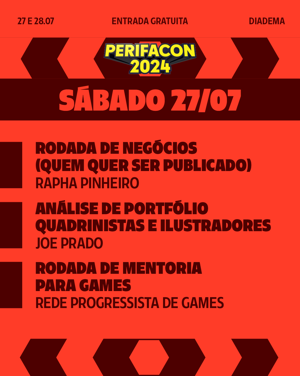 PerifaCon's tweet photo. A PerifaCon Emprega tem como objetivo atender profissionais de diversas áreas, promovendo a inclusão e o desenvolvimento de talentos da periferia. 🚀

Vai rolar atendimentos presenciais, com alguns convidados muito especiais, durante a #PerifaCon2024, com orientações, bate papos e rodas de conversa.

Após a inscrição, que vai até o dia 17/07 ⚠️, entraremos em contato com os selecionados! Acesse o site da PerifaCon e se inscreva (https://t.co/MNWShsCFab).

📌 PerifaCon 2024
🗓️ Dias 27 e 28/07 
📍 Fábrica de Cultura de Diadema