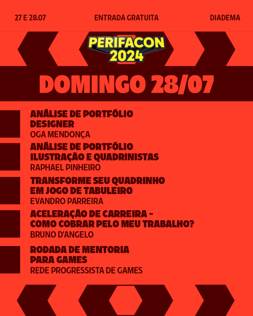 PerifaCon's tweet photo. A PerifaCon Emprega tem como objetivo atender profissionais de diversas áreas, promovendo a inclusão e o desenvolvimento de talentos da periferia. 🚀

Vai rolar atendimentos presenciais, com alguns convidados muito especiais, durante a #PerifaCon2024, com orientações, bate papos e rodas de conversa.

Após a inscrição, que vai até o dia 17/07 ⚠️, entraremos em contato com os selecionados! Acesse o site da PerifaCon e se inscreva (https://t.co/MNWShsCFab).

📌 PerifaCon 2024
🗓️ Dias 27 e 28/07 
📍 Fábrica de Cultura de Diadema