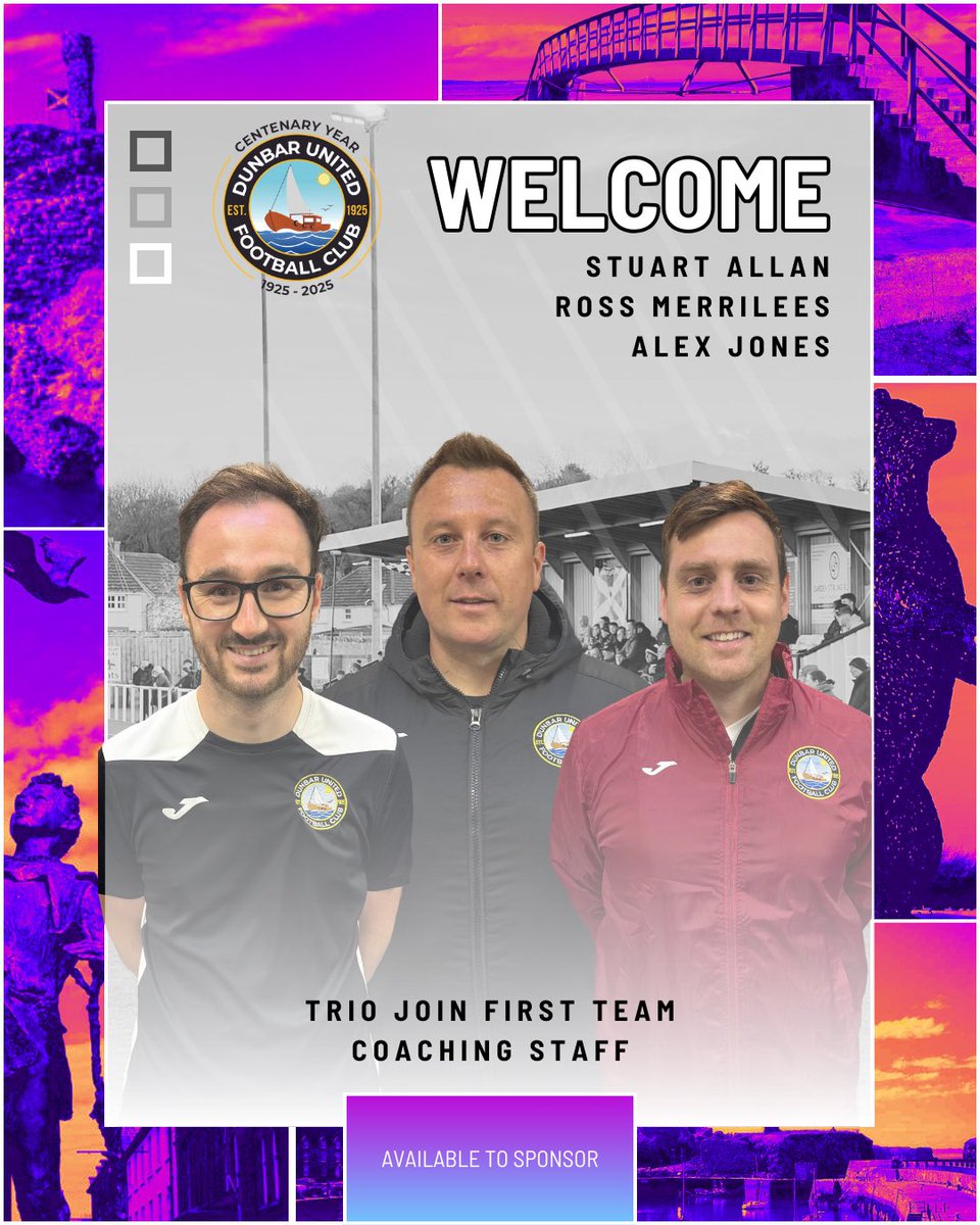 Dunbar United FC (@dunbarutd) on Twitter photo ❤️ | INTRODUCING OUR NEW LOOK COACHING TEAM
Please welcome <a href="/AllanGloves98/">Stuart Allan</a> <a href="/RossMerrilees/">Ross Merrilees</a> of <a href="/DunbarUtdU20s/">Dunbar United FC Under 20’s</a> and Alex Jones who join the first team to help <a href="/kevhaynes9/">Kevin Haynes</a> & <a href="/andy_dunny/">Andy Donlevy</a>.
Click below for the full story 👇
facebook.com/share/g4B6Zyat…
🤍🖤💯 ❤️ | INTRODUCING OUR NEW LOOK COACHING TEAM
Please welcome <a href="/AllanGloves98/">Stuart Allan</a> <a href="/RossMerrilees/">Ross Merrilees</a> of <a href="/DunbarUtdU20s/">Dunbar United FC Under 20’s</a> and Alex Jones who join the first team to help <a href="/kevhaynes9/">Kevin Haynes</a> & <a href="/andy_dunny/">Andy Donlevy</a>.
Click below for the full story 👇
facebook.com/share/g4B6Zyat…
🤍🖤💯