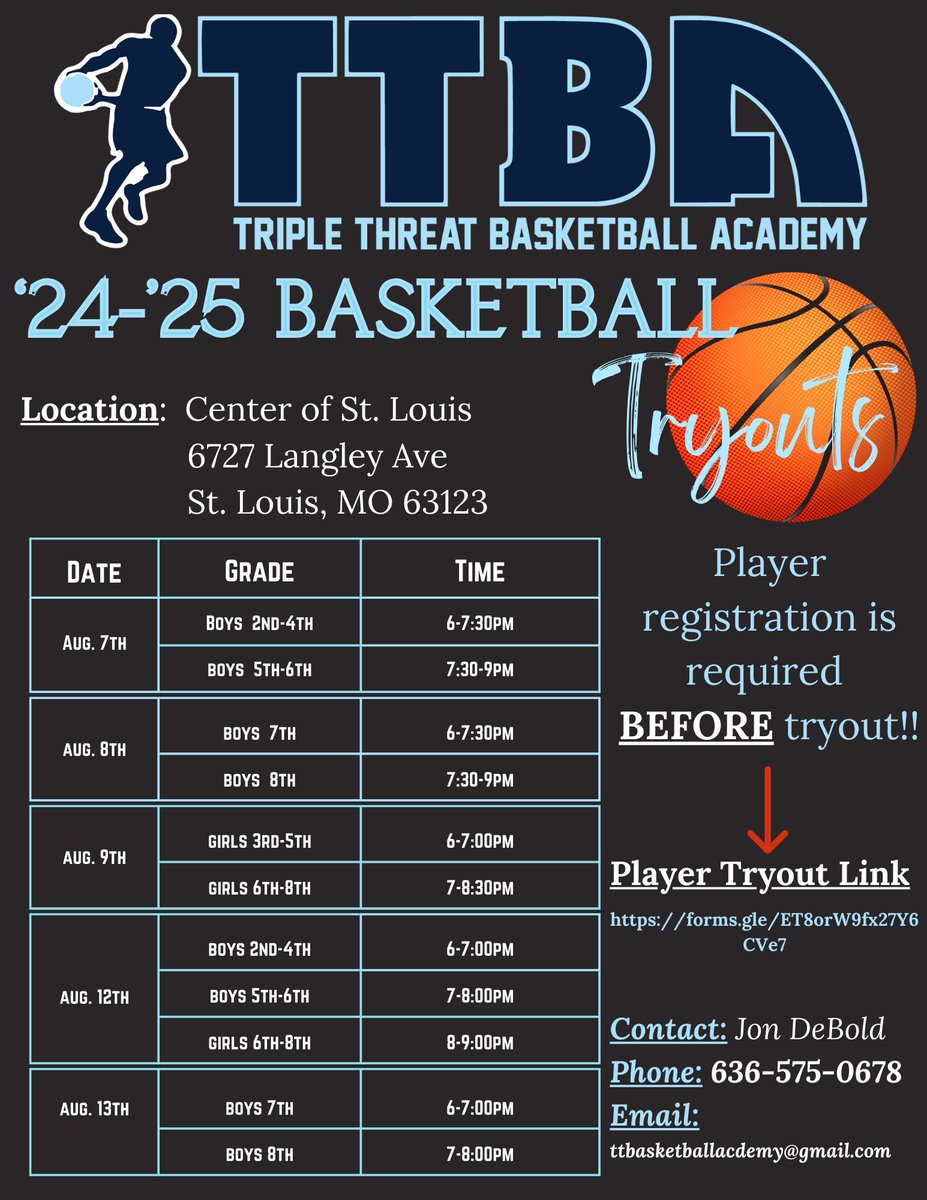 ‼ Triple Threat Basketball Academy's Annual Workout ‼ 
Registration link: forms.gle/ET8orW9fx27Y6C…