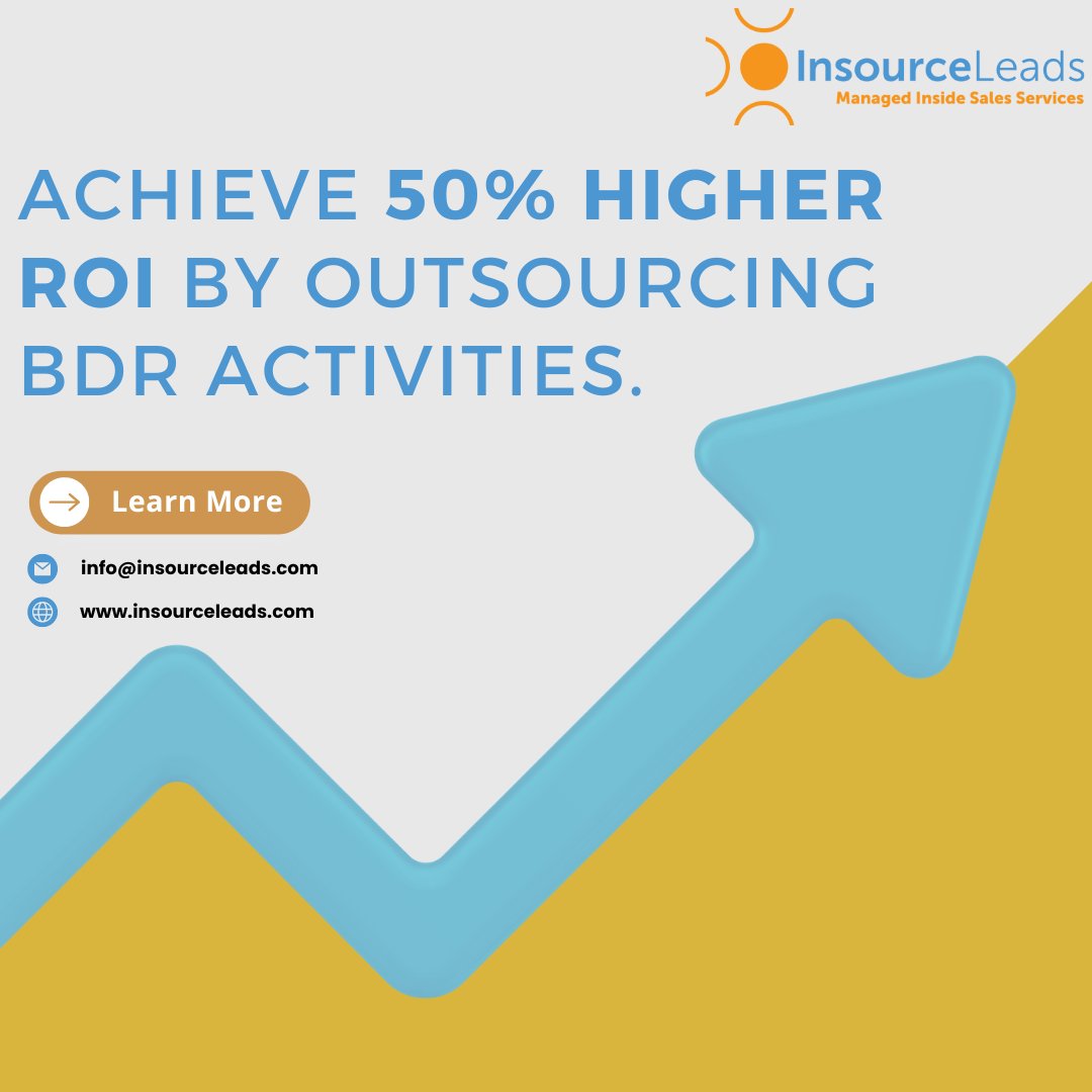 InsourceLeads's tweet image. Achieve 50% higher ROI by outsourcing BDR activities. 

#ROIBoost #OutsourcingInstitute #B2BLeadGeneration #SalesStrategy #AppointmentSetting #OutsourcedSales #SalesGrowth #InsourceLeads