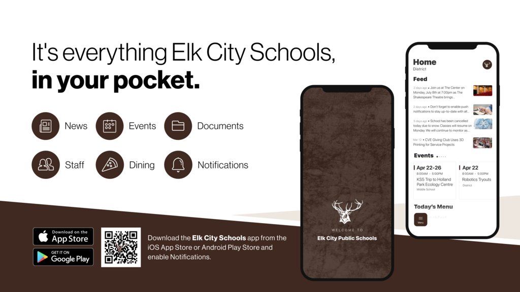 Stay up to date with the latest student stories, events, and news updates. It's everything Elk City Schools, in your pocket. If you haven't already, download the app!
Download for Android bit.ly/3Bb2LXa
Download for iPhone apple.co/44LEpB9