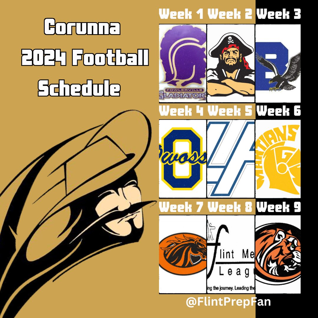 FlintPrepFan's tweet photo. @CorunnaCavsFB 2024 Football Schedule:

W1 Fowlerville
W2 @ Pinckney
W3 Brandon
W4 Owosso
W5 Lake Fenton
W6 @ Goodrich
W7 @ Clio
W8 FML Crossover
W9 @ Armada

Prediction: 7-2 https://t.co/VX0aUPMPZK