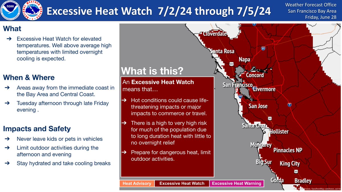 NWSBayArea's tweet photo. EXCESSIVE HEAT WATCH IN EFFECT FROM TUESDAY AFTERNOON THROUGH FRIDAY EVENING  

Areas away from the immediate coast will experience dangerously hot, well above average temperatures with limited overnight cooling.  

Prepare for next week.

#CAwx https://t.co/me8qw65hd4