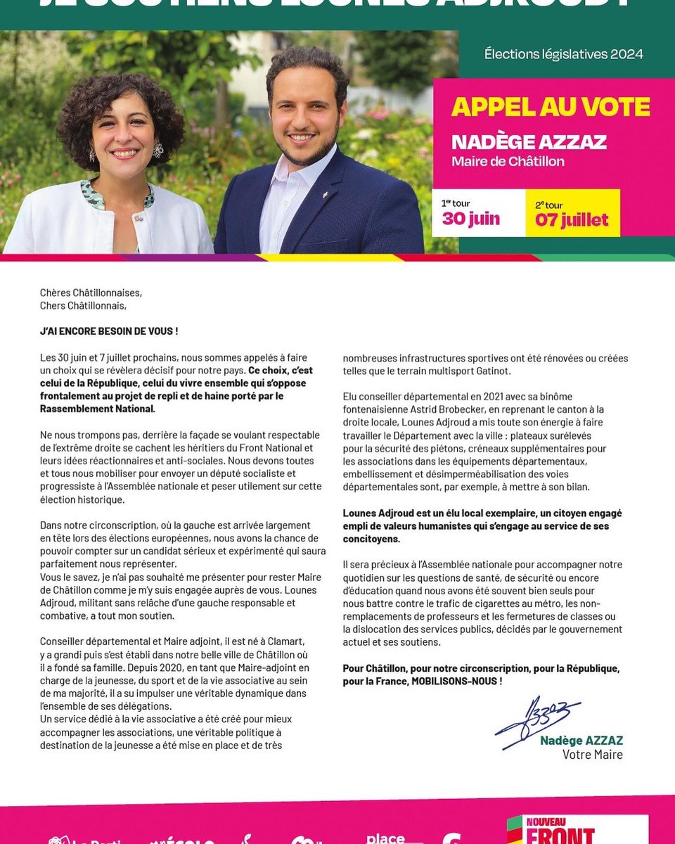 AzzazNadege's tweet photo. 🔴 🇫🇷 Chères habitantes, chers habitants, dès le dimanche 30 juin, je compte sur vous pour faire élire Lounes ADROUD Député de notre circonscription, un  Député dévoué et de proximité qui relaiera enfin nos sujets locaux.

Face aux outrances et calomnies de ceux qui ont désigné pour unique cible notre Conseiller départemental en l’essentialisant sans évoquer à un seul instant le danger encouru par notre République du projet belliqueux du RN, nous avons opposé une campagne républicaine et de propositions immédiates pour vous accompagner.

Le dimanche 30 juin, un seul bulletin : LOUNES ADJROUD 🗳️ 

Ne laissez personne décider à votre place, notre pays vaut mieux que la haine! #Liberté #Egalité #Fraternité 🇫🇷